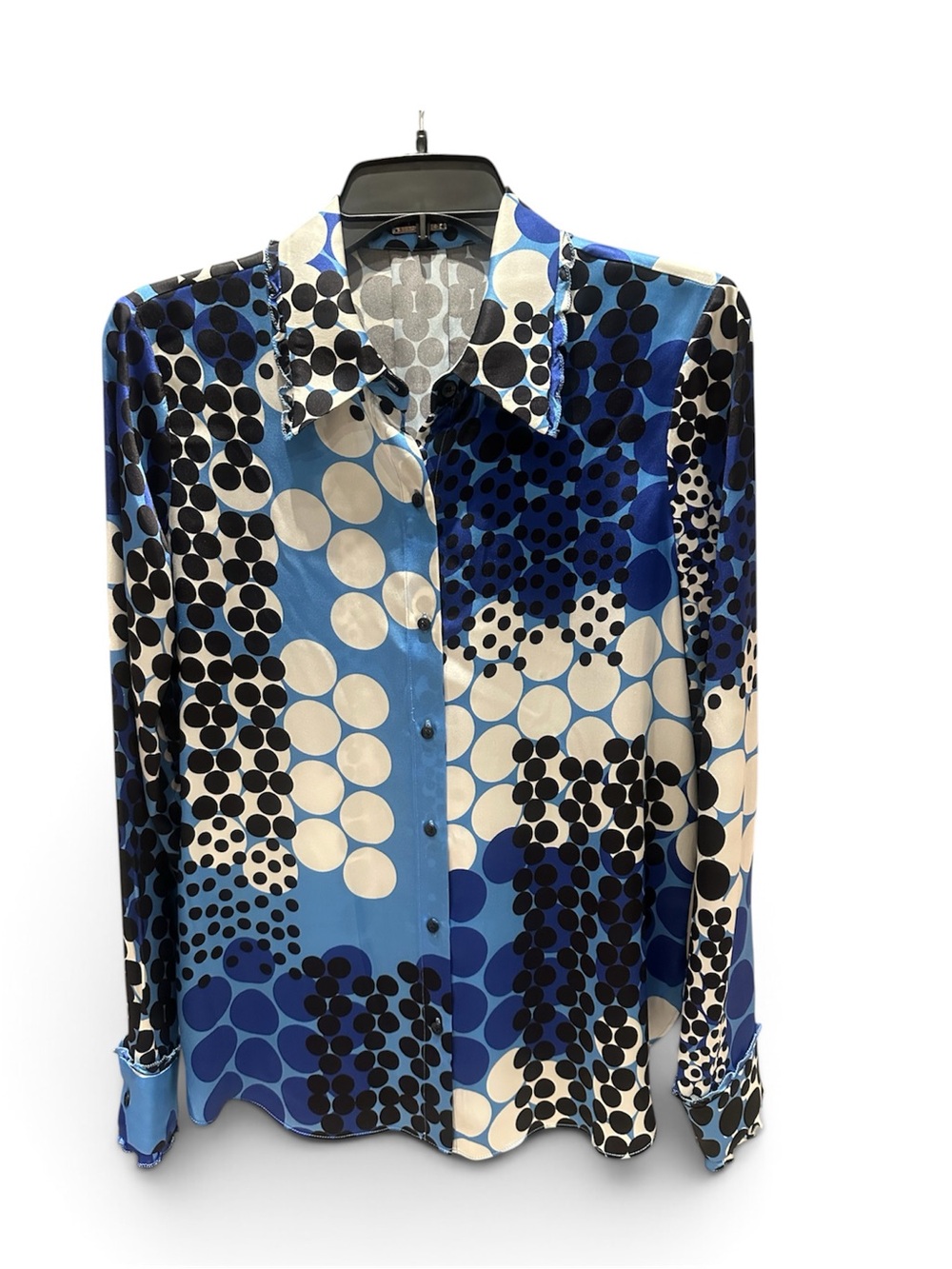 Elie Tahari Blue, Black & White Dot-Print Satin Blouse
